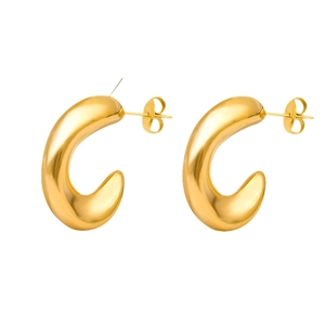 Polished chunky gold C-shaped hollow hoop earrings in minimalist retro metal style