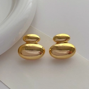 Polished 18K gold-plated double bean earrings with sleek metallic texture for women