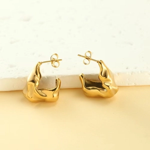 Minimalist 18K gold plated irregular lava earrings with fluid liquid metal texture style