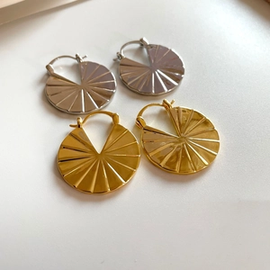 Geometric Hoop Earrings 18K Gold Plated Copper Fan Shape Pleated Texture Retro Minimalist Chic Jewelry For Women