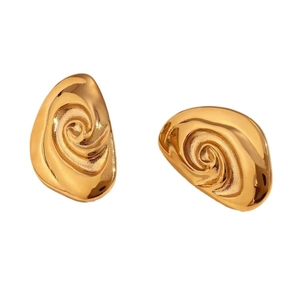 Fashionable 18K gold plated copper earrings with a spiral textured metal design