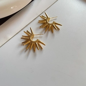 Minimalist gold sunburst stud earrings with textured metallic ray design for women