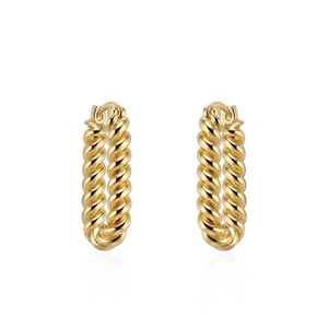 Detailed view of golden twisted rope oval hoop earrings with a polished metallic finish
