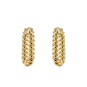 Golden twisted rope geometric hoop earrings with vertical oval design and lever back closure
