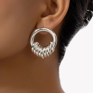 Polished silver-tone layered hoop earrings with textured metal ring wrap for women