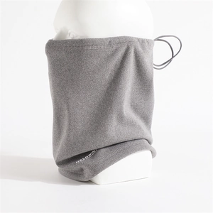Detail of adjustable drawstring and logo on a thermal fleece neck warmer in charcoal grey