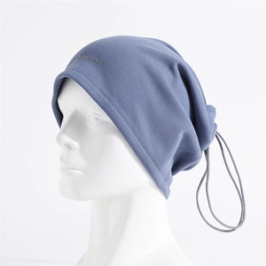 Detail view of adjustable drawstring and logo on grey-blue fleece neck warmer