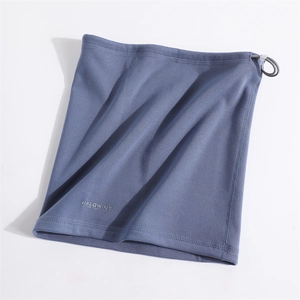 Close-up of blue fleece neck gaiter with adjustable drawstring and toggle closure