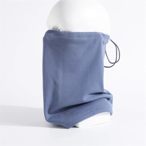 Detail of blue outdoor neck warmer featuring adjustable drawstring and printed logo