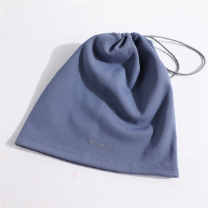 Detail view of navy fleece neck warmer featuring adjustable drawstring and embossed logo