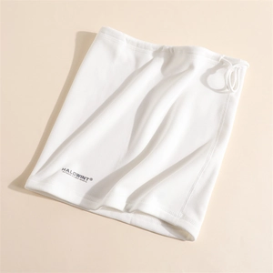 Close-up of a white thermal fleece neck gaiter with adjustable drawstring and logo