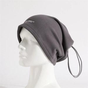 Detailed view of adjustable drawstring and logo on dark gray thermal fleece neck warmer