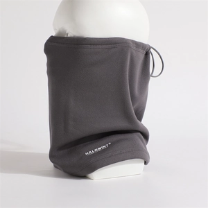 Detail of adjustable drawstring and logo on thick fleece winter neck warmer