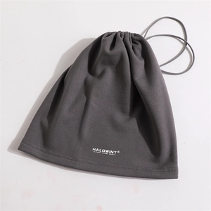 Close-up of gray thermal fleece neck gaiter featuring adjustable drawstring and printed logo