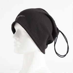 Detail of windproof fleece neck gaiter with adjustable drawstring and sports logo print