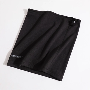 Detail view of black fleece neck gaiter with adjustable drawstring and sports logo