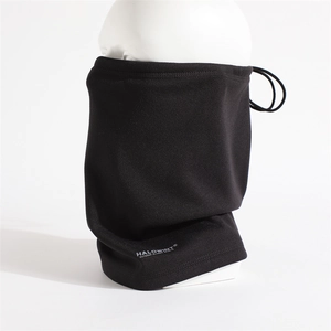 Detail of adjustable drawstring and printed logo on the black fleece thermal neck gaiter
