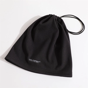 Detail of black drawstring storage pouch for thermal neck gaiter with brand logo