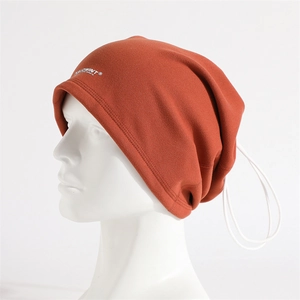 Detail of burnt orange neck warmer with adjustable drawstring and white logo print