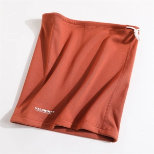 Detail view of winter neck gaiter featuring adjustable drawstring and soft fleece texture