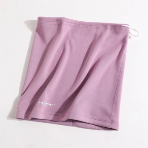Detail of purple fleece neck gaiter with adjustable drawstring and white outdoor logo