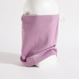 Detailed view of purple fleece neck gaiter with ear loops and embroidered brand logo
