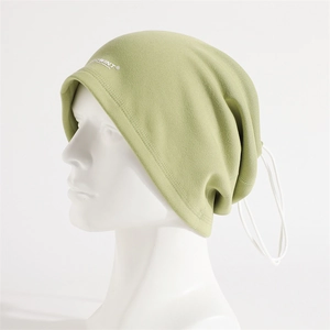 Winter avocado green fleece neck gaiter with adjustable drawstring and white logo print