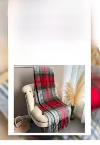 Detailed texture of colorful plaid mohair scarf with soft fringe and warm cashmere feel