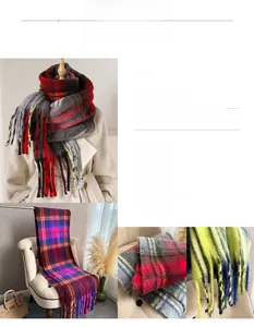 Macro shot of thick rainbow mohair plaid scarf showing soft texture and tassel details