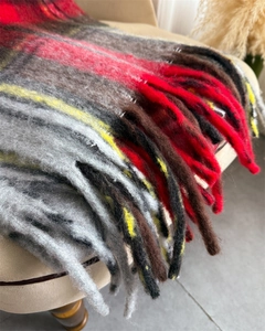Detailed view of colorful plaid cashmere-like scarf with thick long tassels