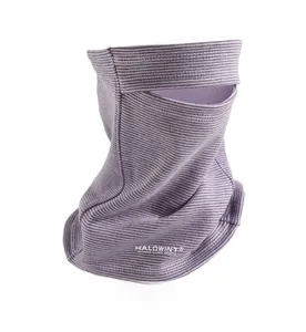 Macro detail of breathable purple-grey striped fleece neck warmer with front vent for cycling