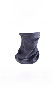 Detail of navy blue striped thermal neck warmer with logo and anti-slip edge