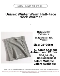 Detailed specs of gray knit neck warmer with 81% polyester ribbed fabric and 26x26cm size