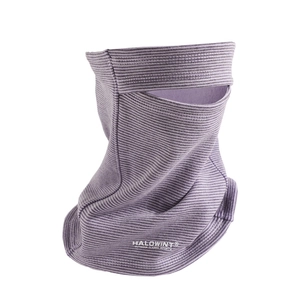 Detail of purple striped fleece neck warmer with brand logo for outdoor sports