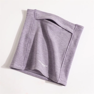Detail of light purple striped neck gaiter showing knit texture and brand logo
