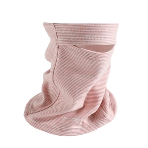 Detail of pink striped knit neck warmer with soft texture and sports logo