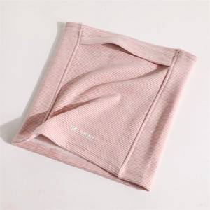 Detail showing pink and white striped neck warmer with soft fleece lining and logo