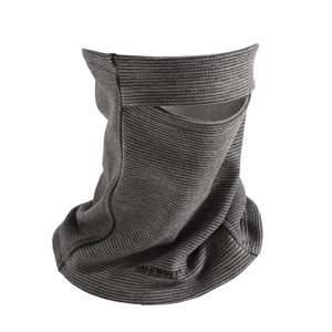 Detail of gray knitted neck gaiter showing warm fleece texture and logo branding