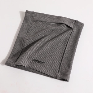 Close-up of grey ribbed fleece neck warmer with HALOWINT logo for windproof protection