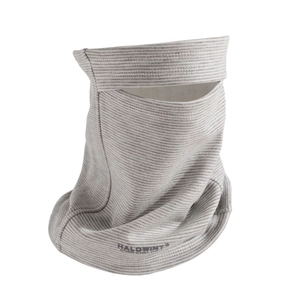 Detail of gray striped windproof fleece neck gaiter with high-quality knit texture
