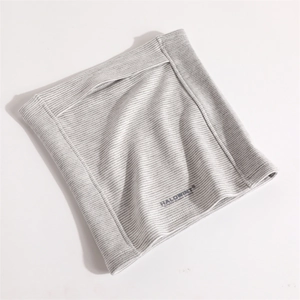 Close-up of grey and white striped thermal neck warmer with Halowint brand logo detail