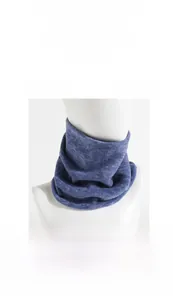 Detail of navy blue thermal neck gaiter showing soft knit texture on a white model bust