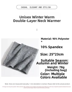 Detail view of winter neck warmer with 25x23cm size specs and knit fabric texture