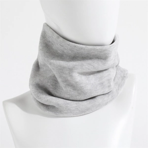 Close-up of soft light grey fleece neck warmer shown on a white mannequin torso