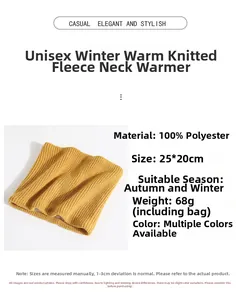 Detail specifications of a yellow knitted fleece neck warmer made of 100% polyester