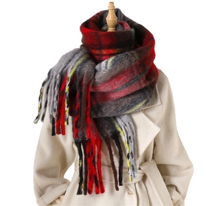 Rainbow plaid mohair tassel scarf with colorful winter check pattern for women