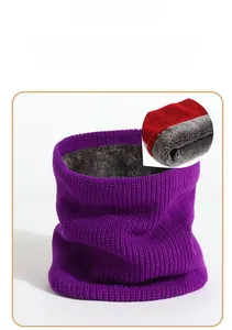 Detailed view of winter purple knit neck warmer with soft grey plush lining for warmth
