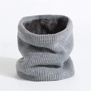 Winter thermal grey knit neck warmer with thick plush lining and windproof circular design