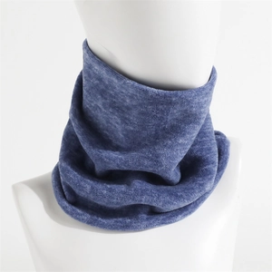 Winter thermal neck warmer in dark blue fleece on a model display with soft texture