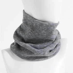 Detail of grey knitted neck warmer showing soft texture and high-density stitching